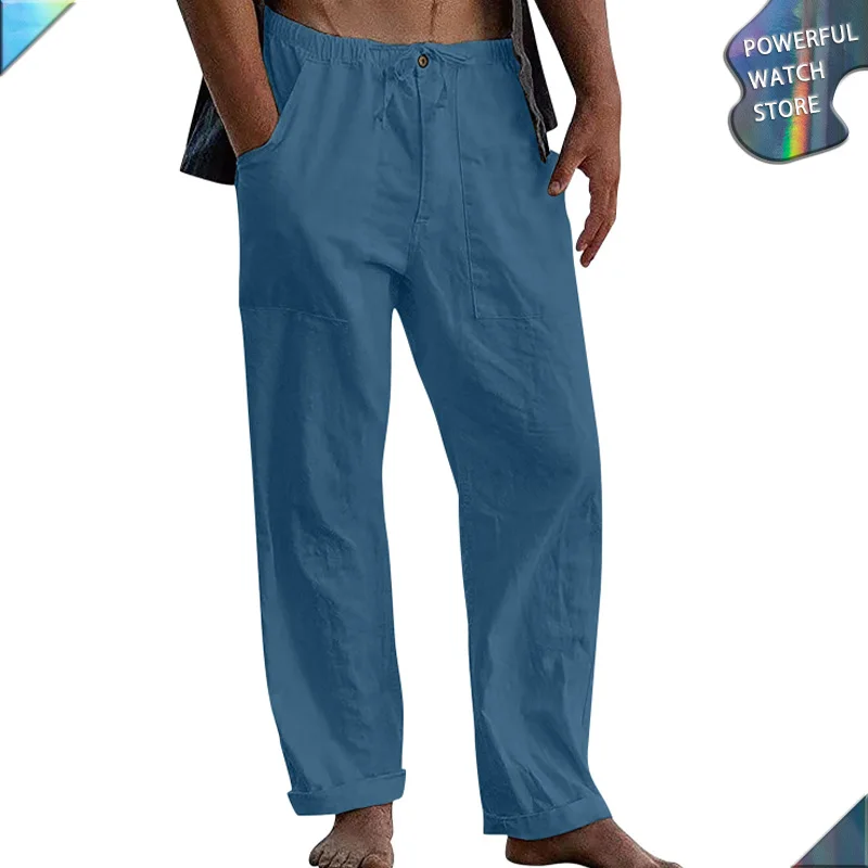 

Men's Cotton Linen Pants Summer New Breathable Casual Solid Color Linen Drawstring Loose Trousers Fashion Hip Hop Sweatpants Men