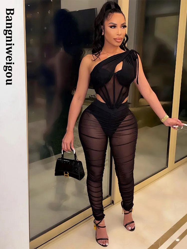 

Bangniweigou Asymmetrical One Shoulder Corset Top Mesh Legging Two Piece Set Women Summer Skinny Suit Top with Pants See Through