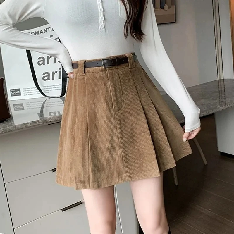 

Spring Autumn 2023 New Black Short Skirt Women's Clothing Pleated Skirts High Waist A-line Skirt Girls Mini Corduroy Skirt BC288