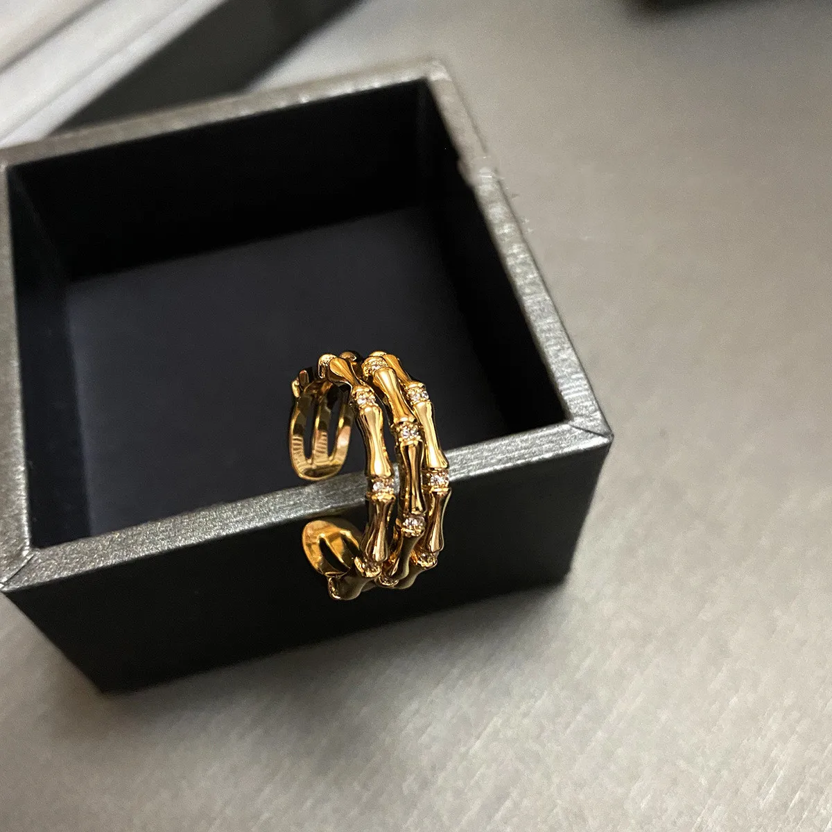 

2022 Summer New Three-layer Bamboo Inlaid Zircon Open Ring INS Trend Fashion Personality Exquisite Jewelry Women Accessories