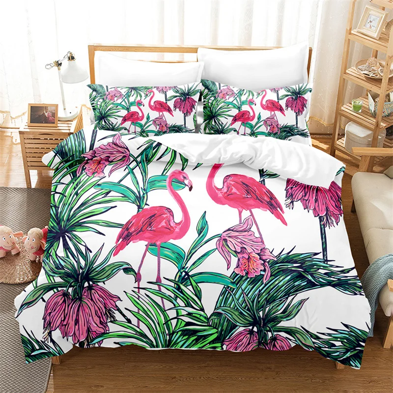

Palm Leaves Duvet Cover Queen Hawaiian Tropical Floral Bedding Set Microfiber Flamingo Birds Comforter Cover For Kids Teen Adult