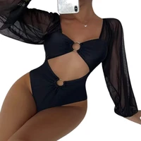 fs sexy women black monokini high waist bikini set hollowed out bathing suit solid color pleated swimwear one piece 2022 summer