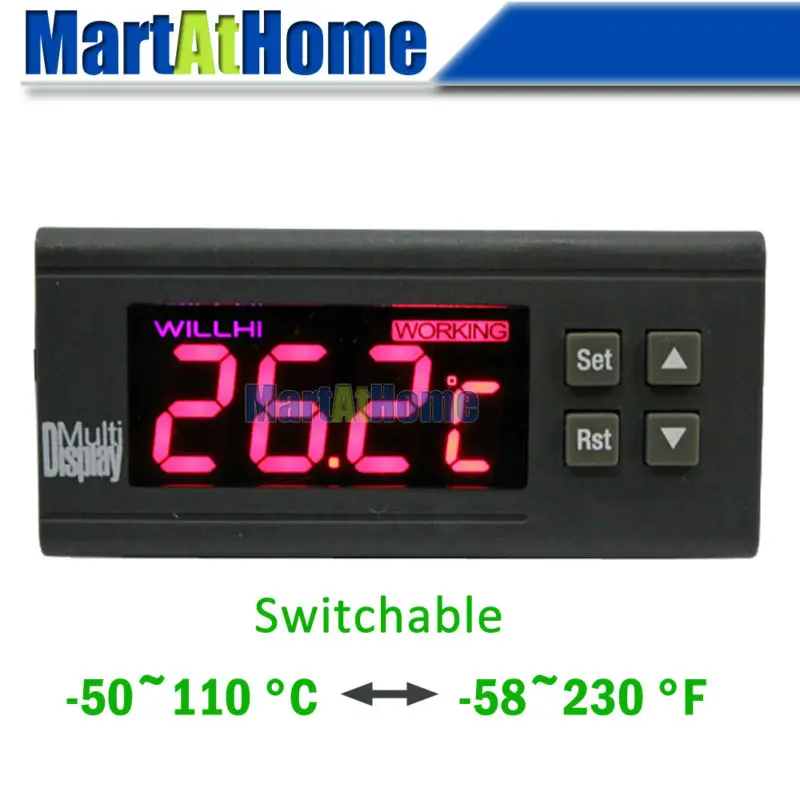 

WH7016C+ Switchable -50~110 C/ -58~230 F Digital Temperature Controller Electronic Thermostat w/ Alarmer+Probe 12/24/110/220V
