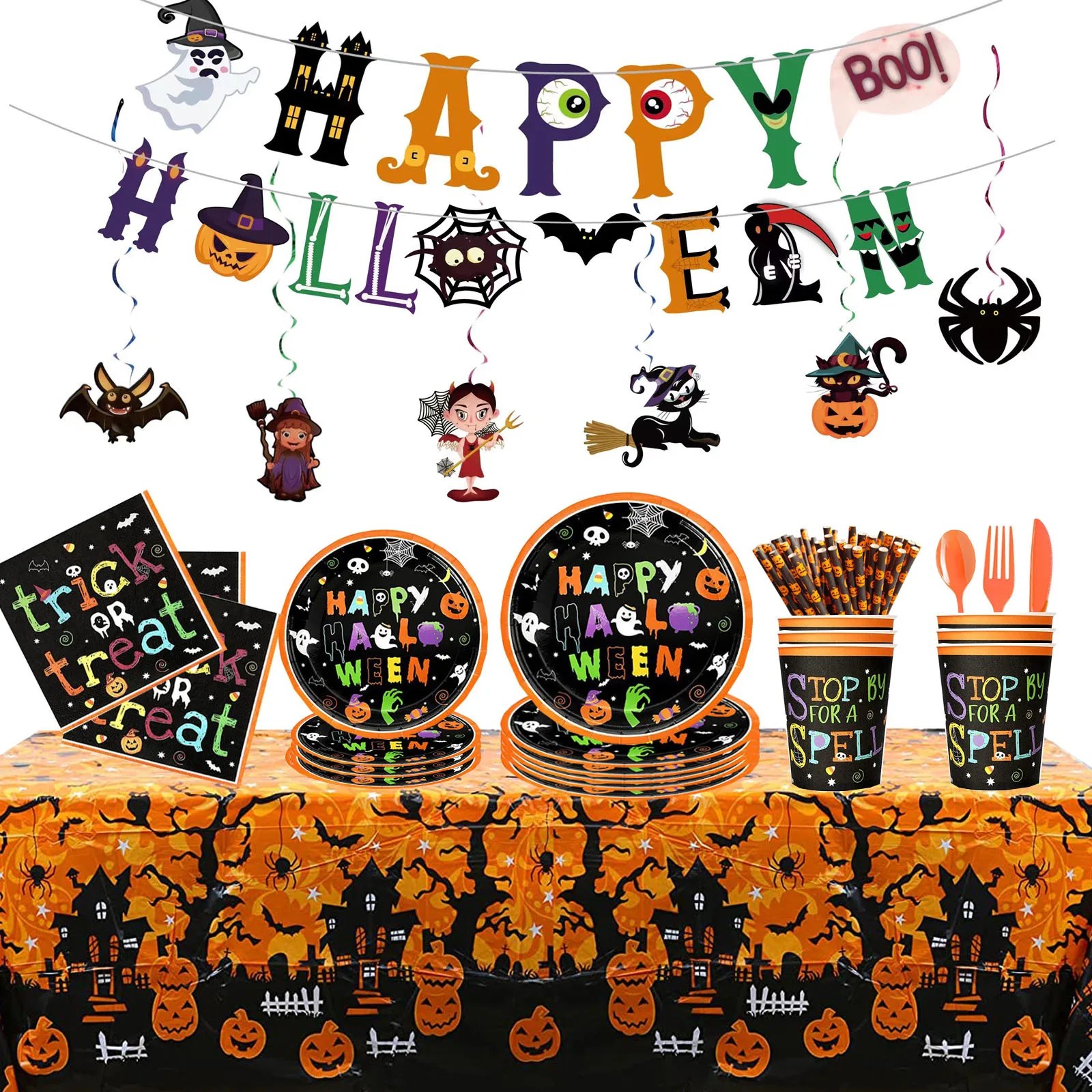 

Halloween Tableware Set Ghost Banner Paper Cup Paper Pallet Paper Towel Tablecloth Set Ghost Festival PartyDecorationDisposable