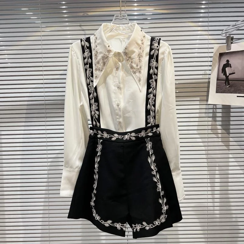

Bead Embroidered Shirt + Embroidered Overalls Shorts Summer Women Two Piece Set