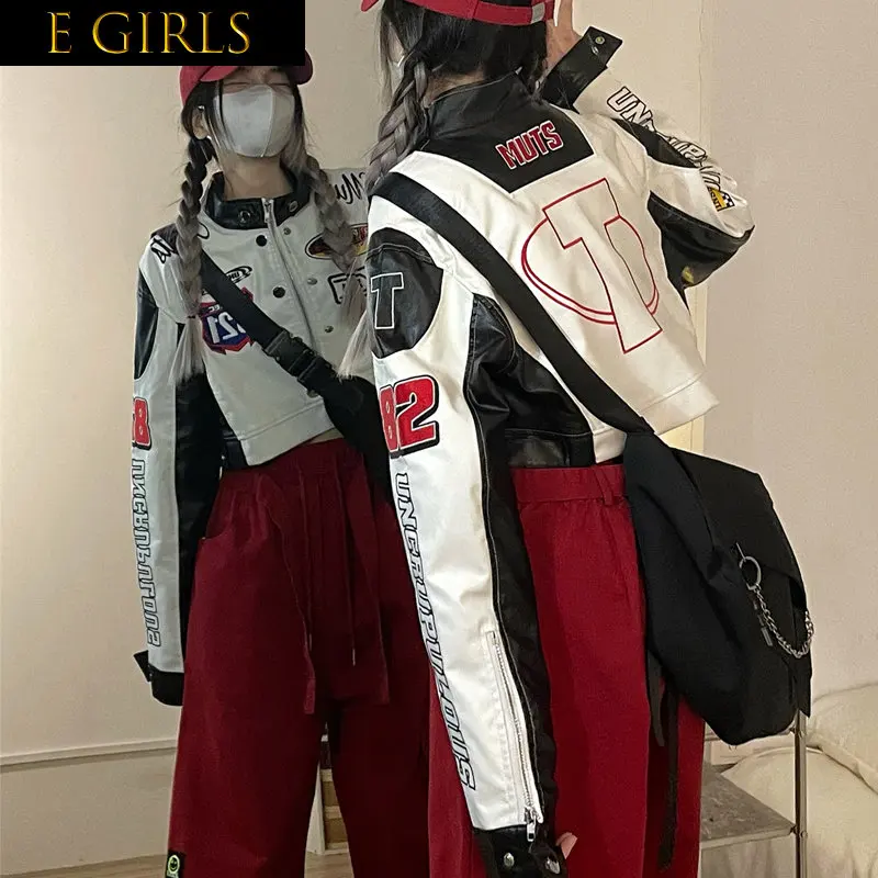

E GIRLS jacket bomber racing varsity short leather Jackets Motorcycle Baseball American y2k vintage Jacket Coat summer top