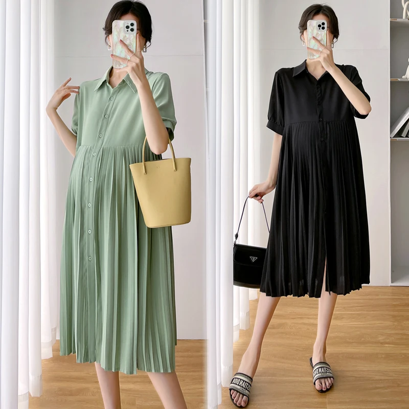 

Plus Size Summer Maternity Dress Pleated Patchwork Elegant A Line Loose Clothes For Pregnant Women OL Work Formal Pregnancy