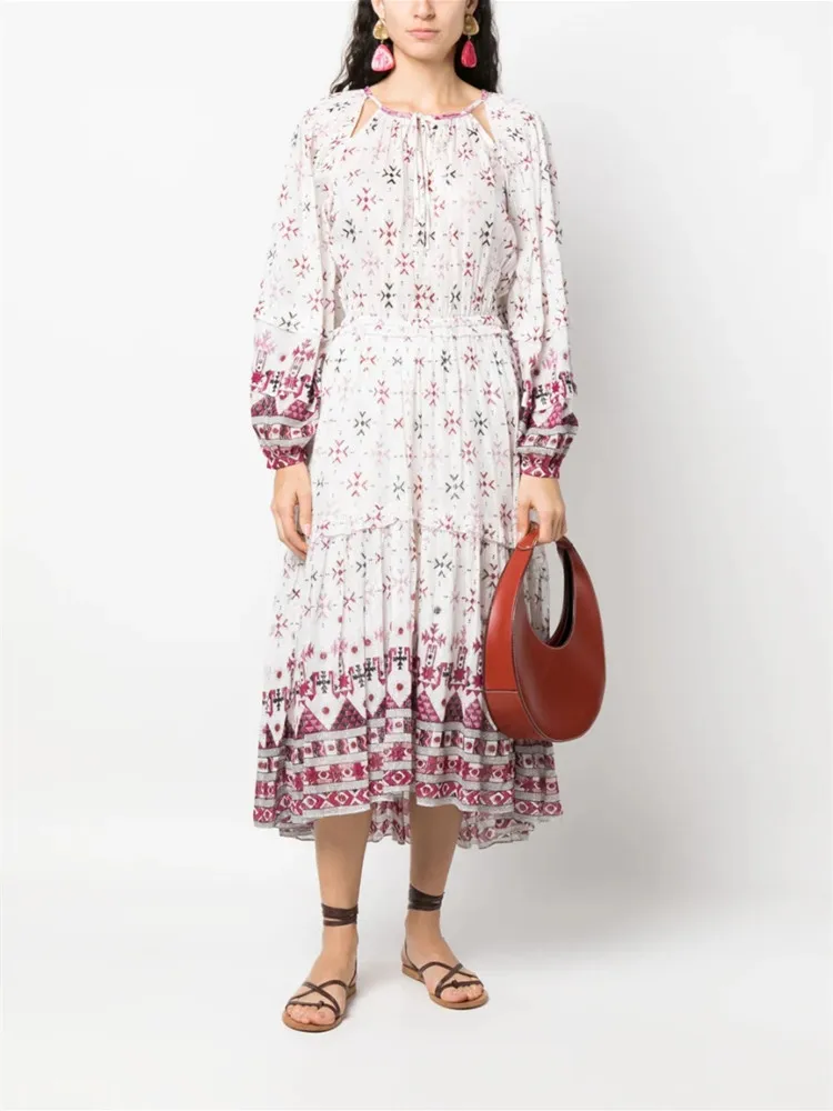 Summer 2023 Women Lantern Sleeve Robe Pleated Irregular Vintage Pattern Printing Lace-Up Long High Waist Lady Loose Midi Dress