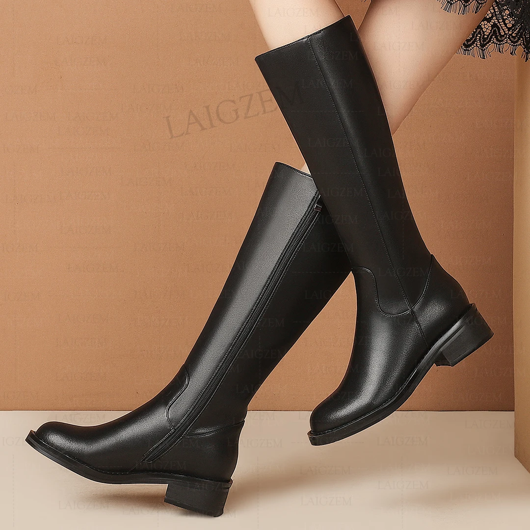 

LAIGZEM Women Knee High Boots Real Leather + Synthetic 4CM Square Heels Boots Comfortable Lady Shoes Woman Plus Size 33 41 43 45