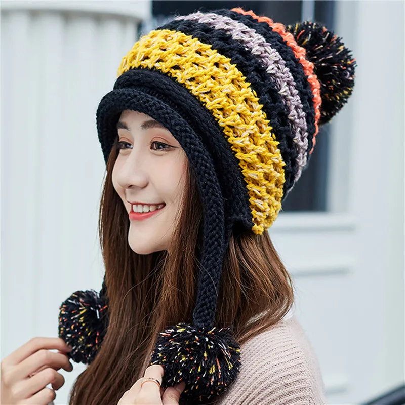 

Зимние вязаные шапки, женские шапки с помпоном в стиле пэчворк, шапки-бини с ушами, женские теплые толстые зимние шапки, Женская Шапка-бини