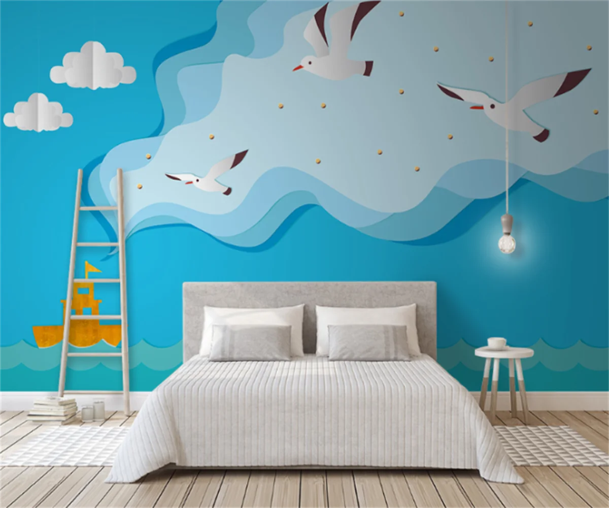 

Customized 3D any size wallpaper mural Nordic minimalist cartoon seaside seagull blue sky children's room background wallsticker