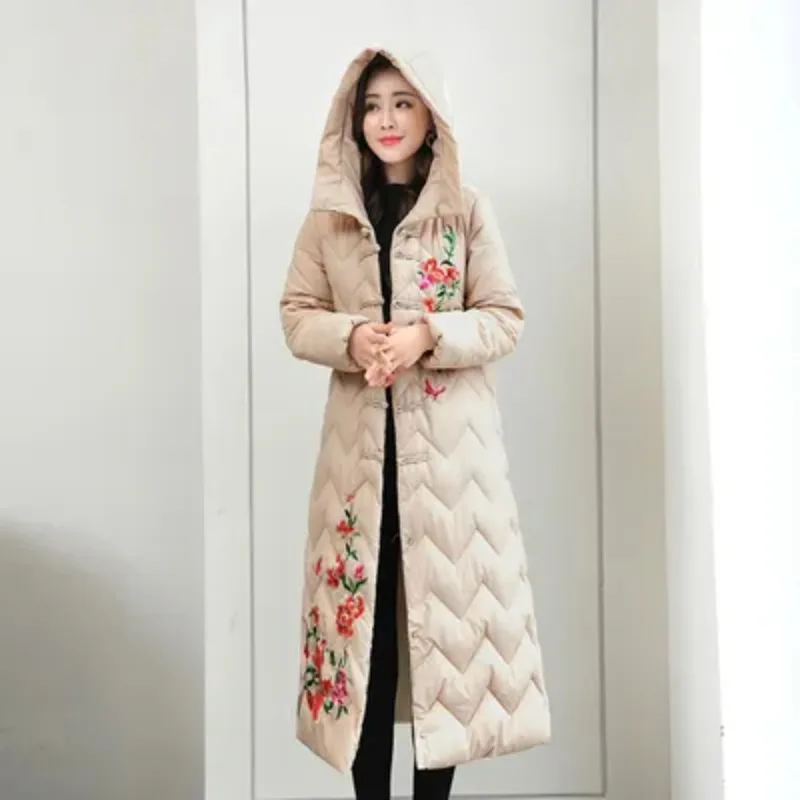 

2023 Autumn Winter Femme Top Down Cotton Jacket Women Korean Hooded Long Warm Padded Coat Embroidery Female Overcoat