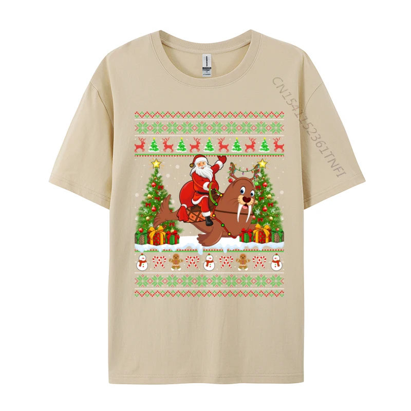 Walrus Xmas Sweater Ugly Santa Riding Christmas T-Shirts Man Retro Cotton Adult Sweatshirts