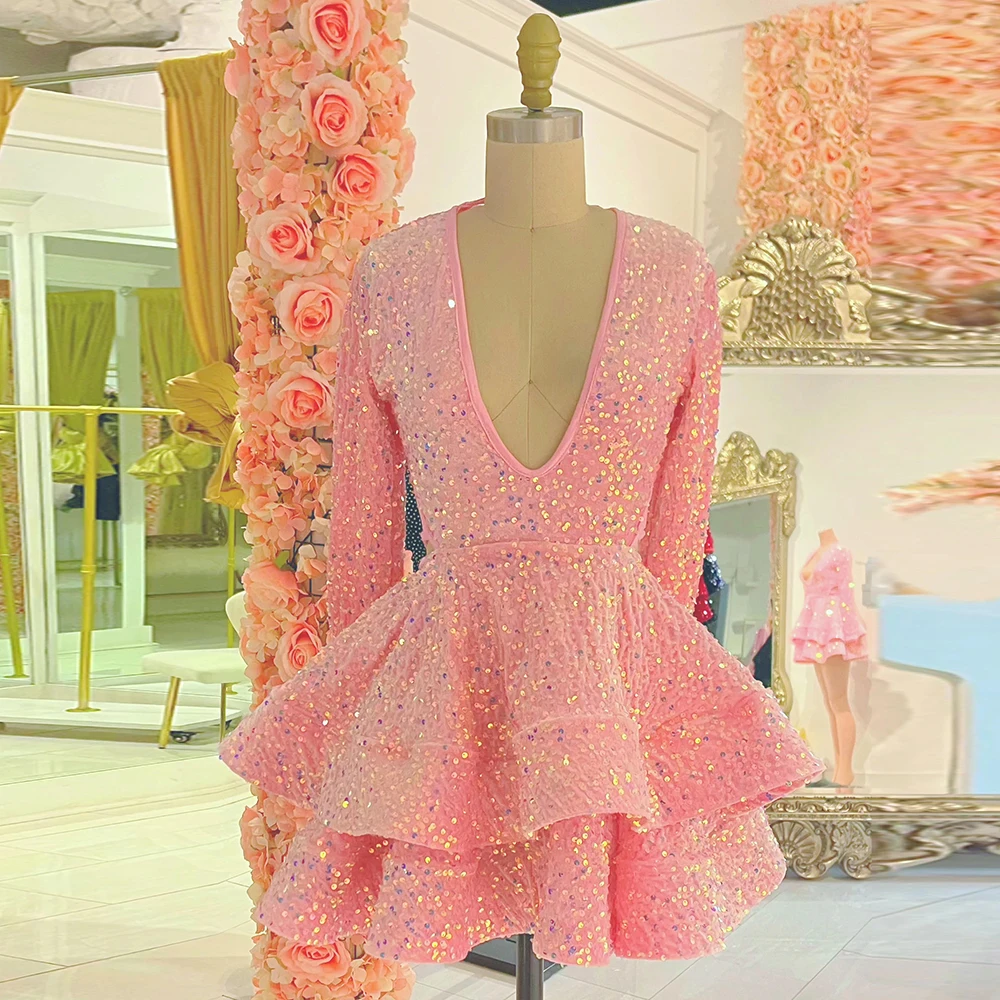 

Pink Sequined Cocktail Dresses Full Sleeve Glitter Deep V Neck A-Line Above Knee فساتين مناسبة رسم Sexy Beading Robe De Cocktail