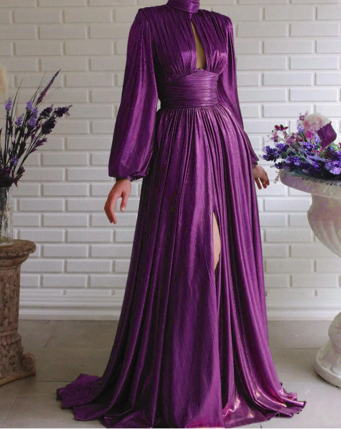 Elegant Prom Dresses for Women A-line Solid Fashion Waist High Neck Swing Long Sleeve Vestidos Evening Party Maxi Dress Female