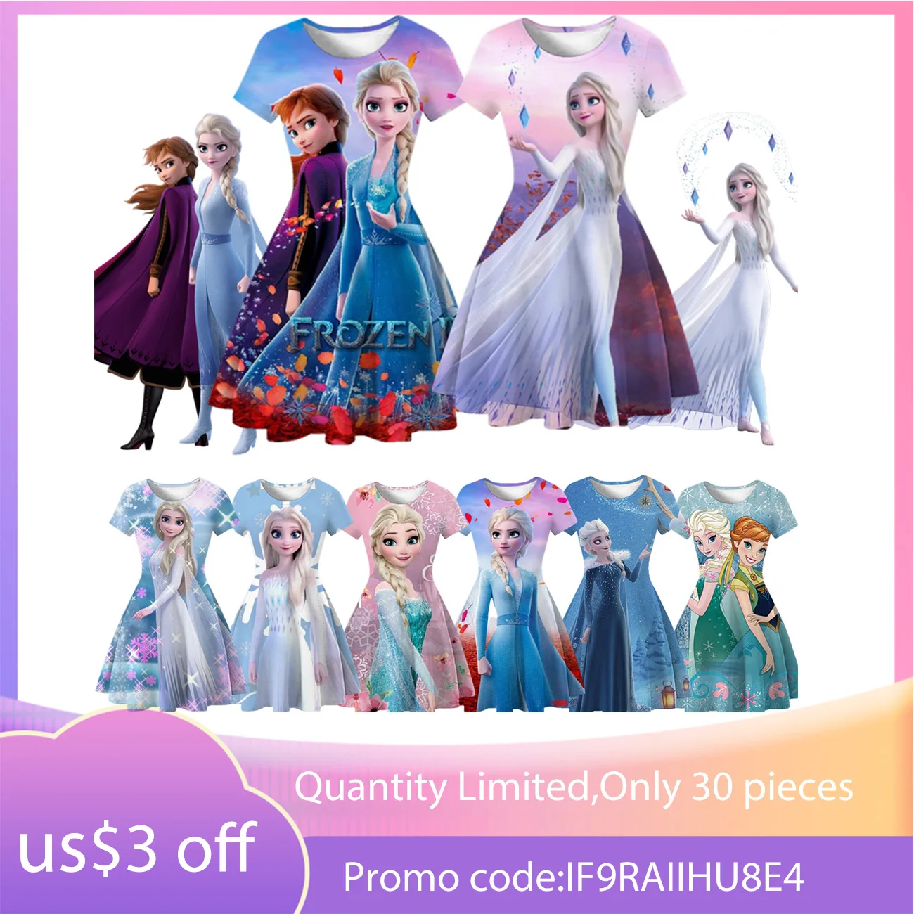 

Disney Frozen Anna Elsa 3DPrincess Dress Girl Party Kids Cosplay Beautiful Pink Green Print Birthday Princess Dress Kids Costume