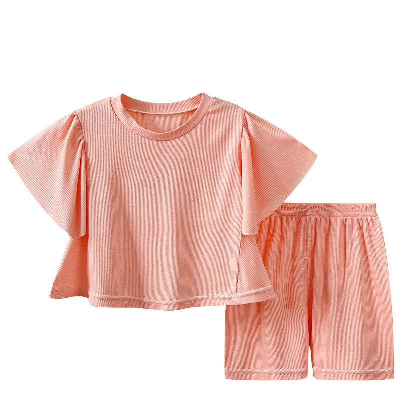 Kids' Wear Girl Summer Suit 2022 New Fashion Casual Girl Foreign Style Solid Color Short-Sleeved Shorts Children 2-Piece Suit