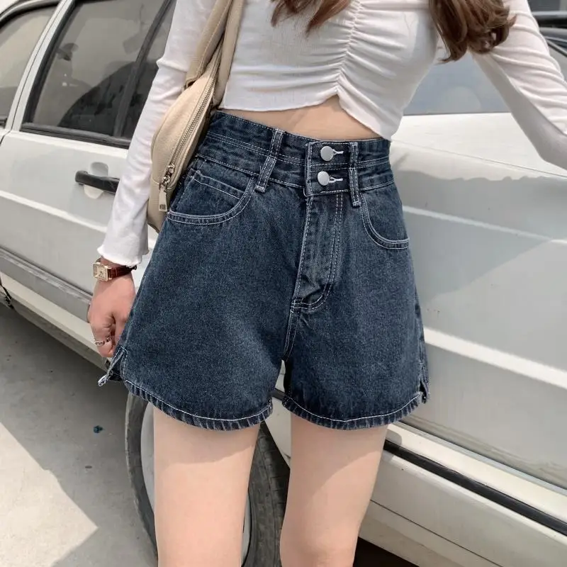 Split Buttons Thin Hot Pants Korean Ins Students  A-line Loose High-waisted Denim Shorts Slim Straight Y2k Jean