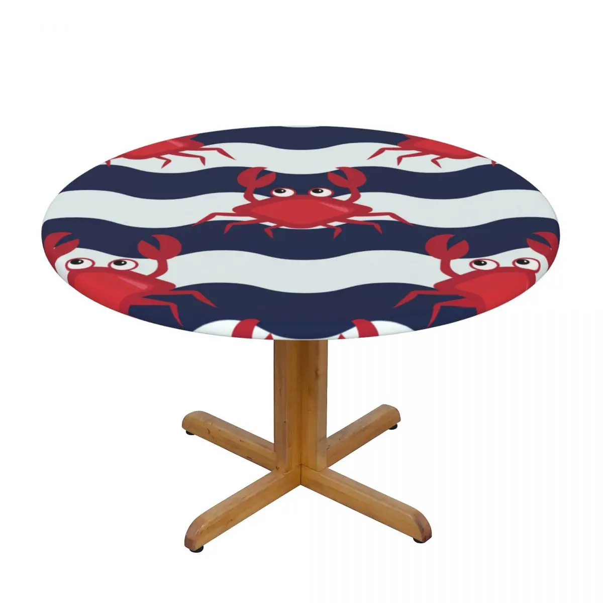 

Nautical Crabs Crabs And Striped Background Waterproof Polyester Round Tablecloth Catering Fitted Table Cover with Elastic Edged