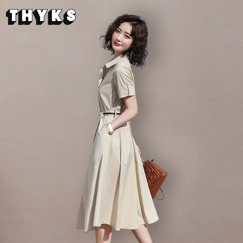 

2022 Summer Women's New Lapel Mid-Length Elegant High-Waisted A-Line Office Commuter Solid Color Dress Vestidos De Verano Mujer
