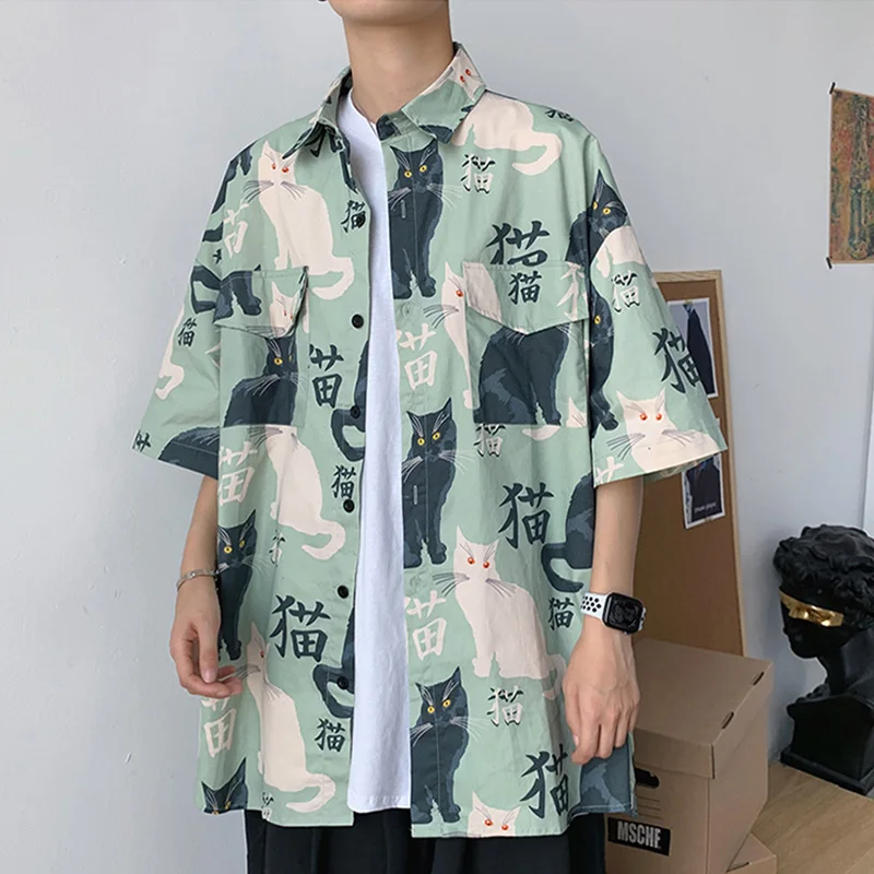 Men's Shirt Summer Short Sleeve Korean Fashion Tops Baggy Cartoon Elements Cat Cardigan Harajuku Blouses Oversized Male Clothes