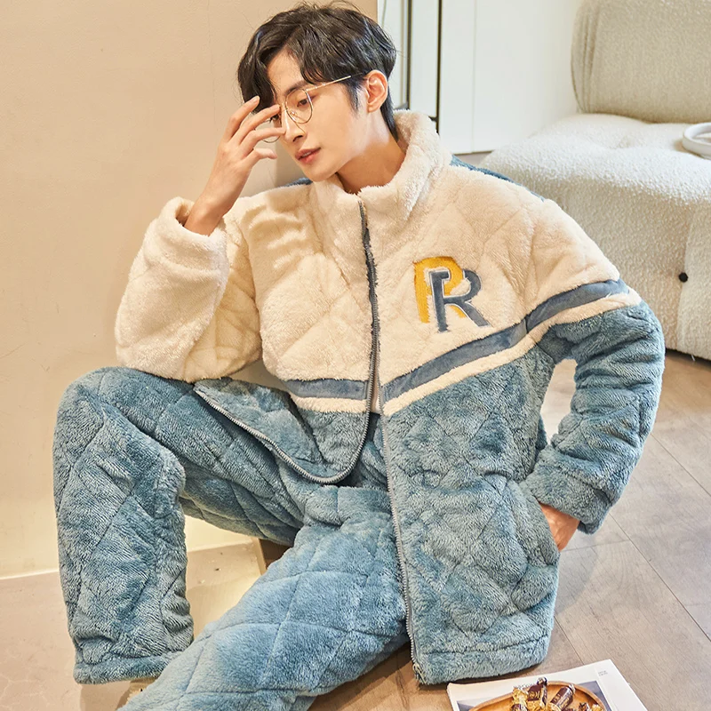 

QUHENG Pajama Set for Men 2022 Winter Long Sleeved Thick Warm Flannel Coral Velvet Sleepwear Suit 2 Pieces Chic Home Clothing
