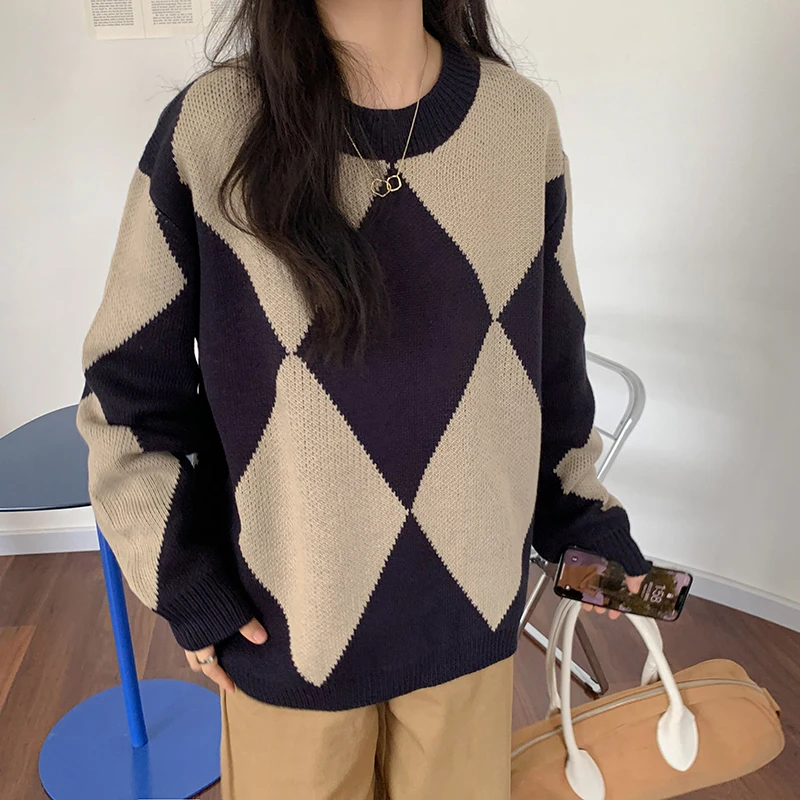 

Vintage Plaid Winter Sweater Women Thicken Loose Casual Jumpers O-Neck Long Sleeve Elegant Pullovers Korean Streetwear