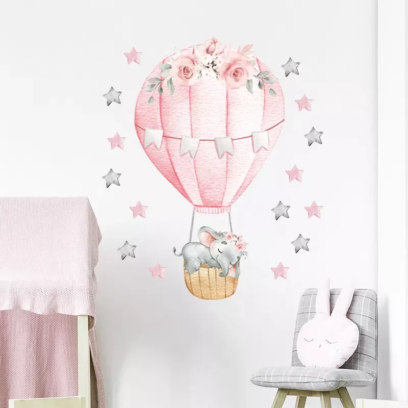 

Watercolor Pink Hot Air Balloon Wall Stickers for Baby Nursery Room Decoration Wall Decals Baby Elephant Home Decoration PVC