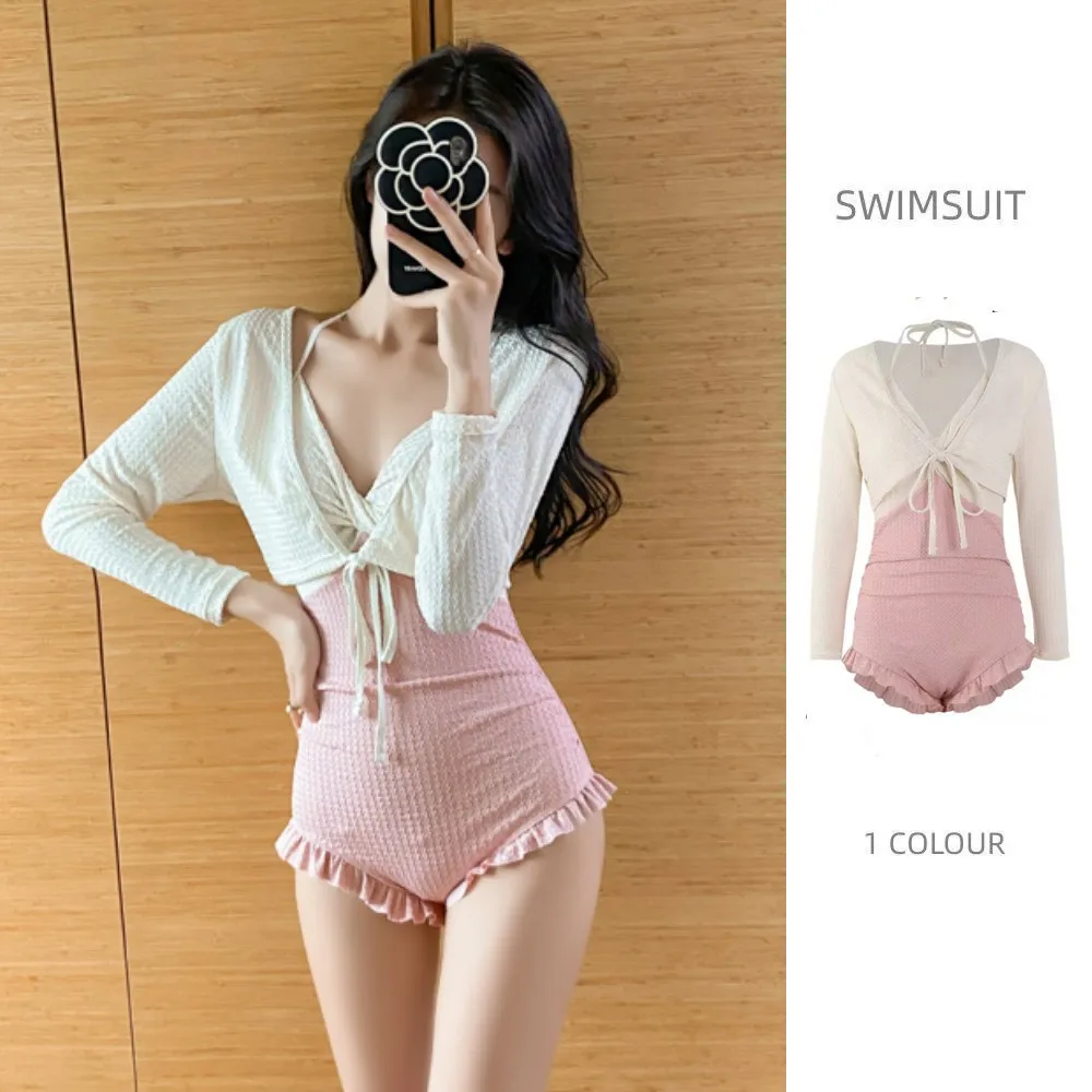 

2023 Women One Piece Korea Style Pink Textured Beach Wear Cute Lolita Monokini Swimsuit With Cardigan