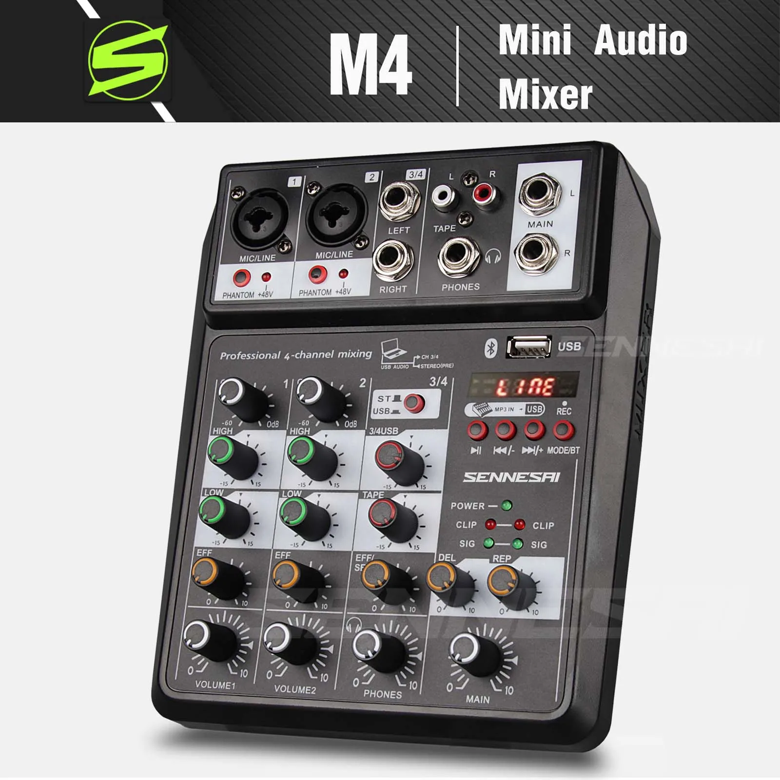 

SENNESAI M4 4channel Protable Digital Audio Mixer Console With Sound Card,Bluetooth, USB, 48V Phantom Power For DJ PC Recording