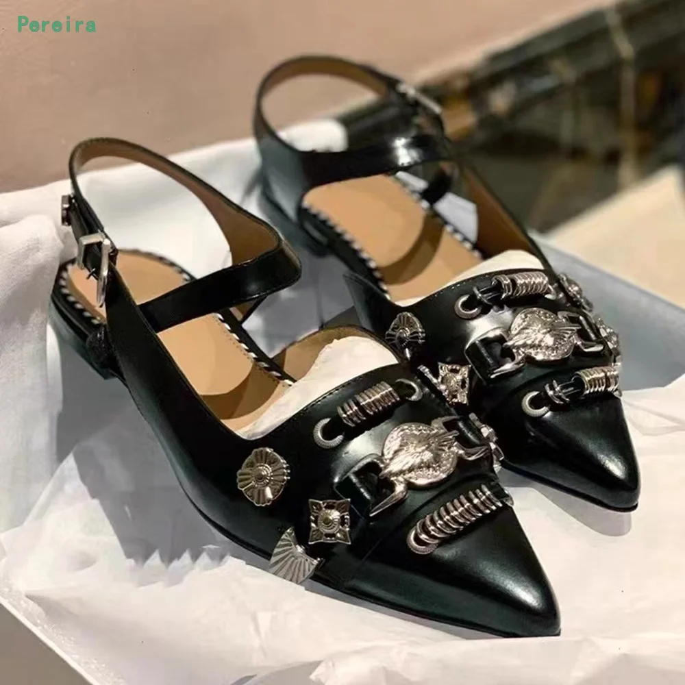 Black Rivet Metal Buckle Pumps New Arrival 2022 Summer Solid Flat Heel Pointed Toe Hollow Fashion Punk Style Shoes for Women