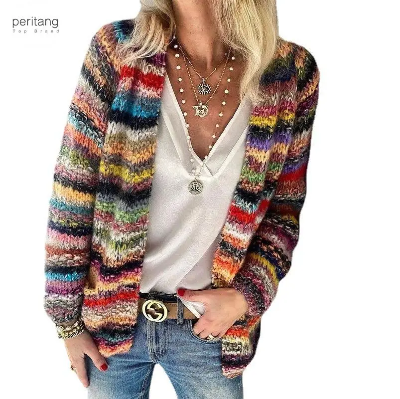 

PERITANG Cropped Rainbow Cardigan Sweater Autumn Retro Fashion Crochet Knitted Cardigans Coats 2023 Colorful Stripe Tops