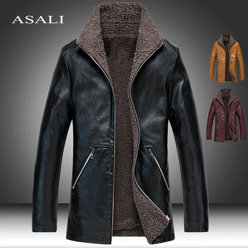 Мужская деловая куртка на молнии из искусственной кожи теплая зимняя