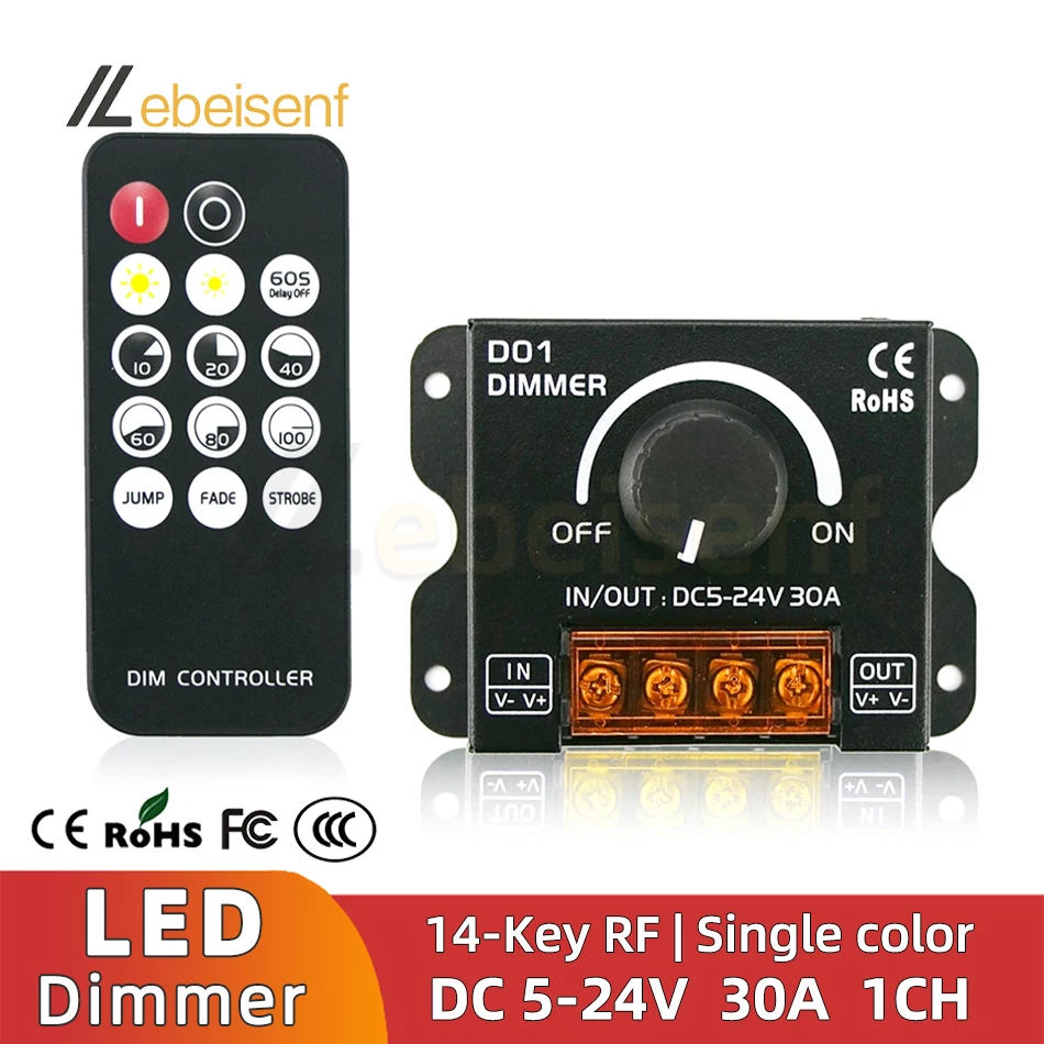 

RF 14-Key LED Dimmer 30A DC 5-24V Single Color Knob Controller Wireless Remote Constant Voltage for 5050 3014 2835 Strip Light