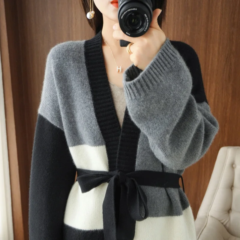 Pure Wool Cashmere Sweater Ladies V-neck Cardigan 2022 Autumn/Winter New Colorblock Knit Tops Casual Korean Fashion Thick Jacket