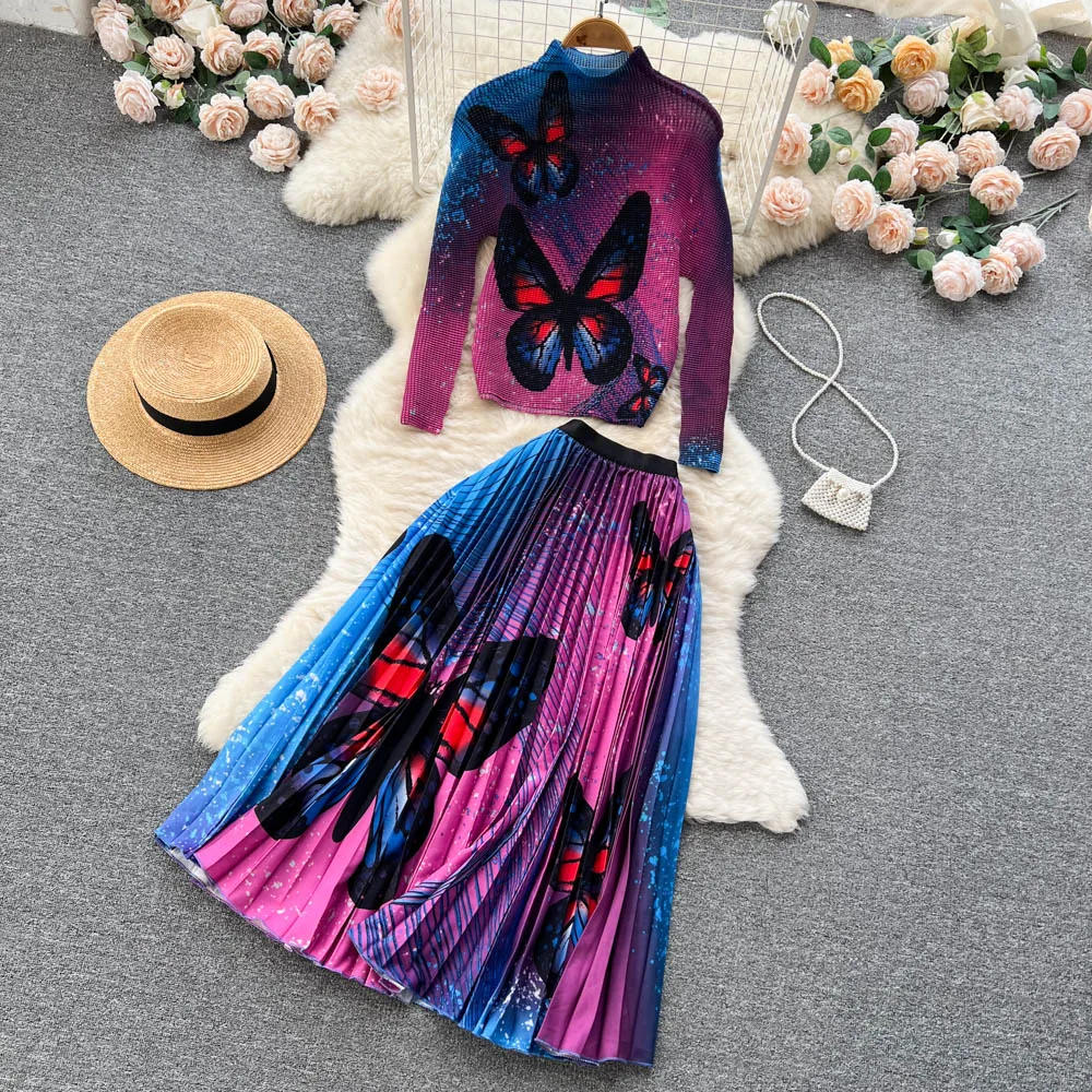 2023 new fashion print two-piece women's elastic top +  pleated skirt suit