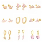 Серьги-кольца серебряные с розовым кристаллом и фианитом