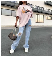 summer new fashion 2021 new ripped hole washed casual high waist straight jeans womens mother jeans womens pants