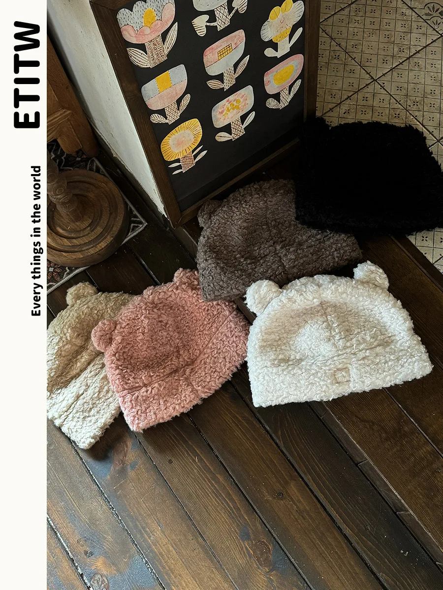 Etitw корейская кепка с рукавами медвежьими ушками женская из овечьей шерсти на