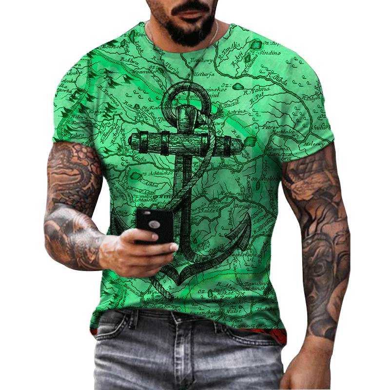 

Retro Boat Anchor Imprint T Men's T-shirt Fashion Summer Casual Short Sleeve Loose Tshirts Hip Hop Street T Shirt Male Tops Tee