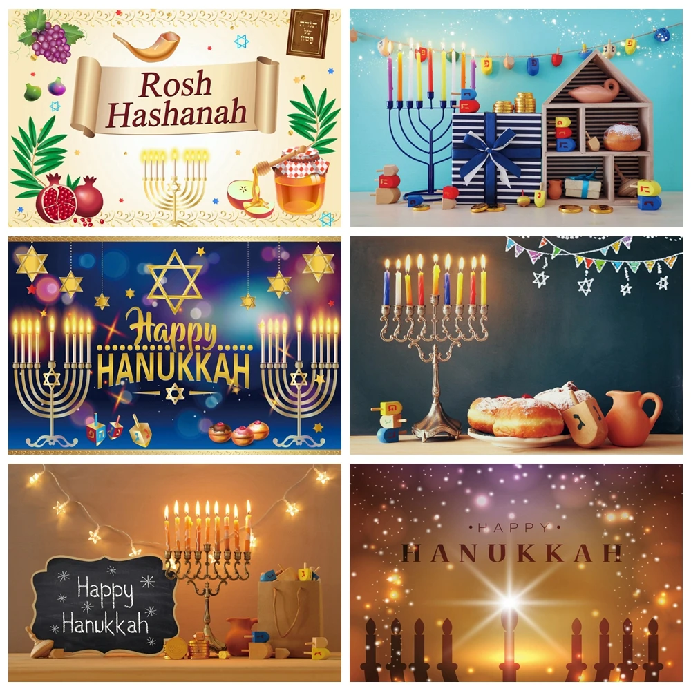 

Happy Hanukkah Photography Backdrop Jewish Holy Holiday Festival Party Candelabra Candle Decor Banner Background Photo Studio