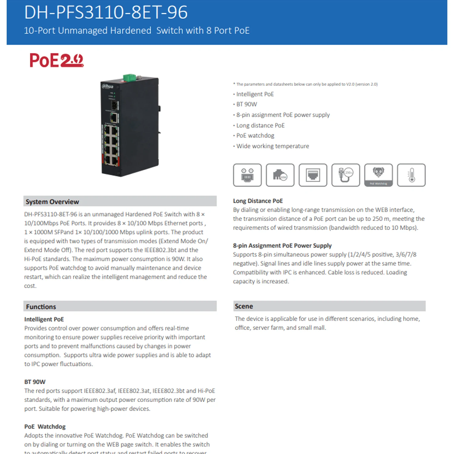 Переключатель Dahua PFS3110-8ET-96 PoE 8 портов бесплатная доставка BT 90 Вт двойное резервное