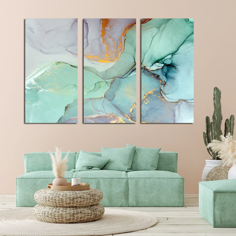 

Luxury Abstract Teal Gold Wall Art Decorative Pictures Canvas Poster Marble Artwork Interior Painting Living Room Home Decor