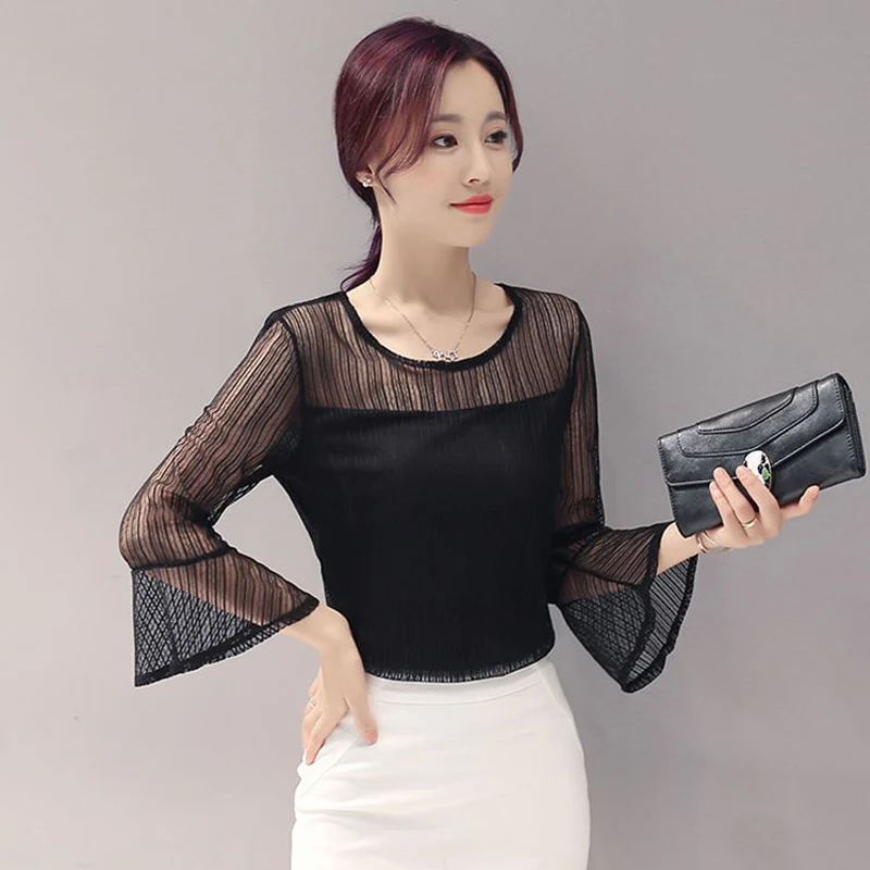 

Spring Summer New Flare Sleeve Mesh Bottoming Shirts Solid Color Plus Size Shows Thin Lace Hollow Out Tops Fashion Women Clothes