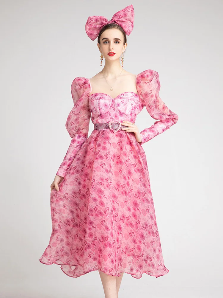 

Micosoni 2022 Ранняя весна высококачественное нежно-милое Розовое женское облегающее платье с принтом оборками на груди с поясом