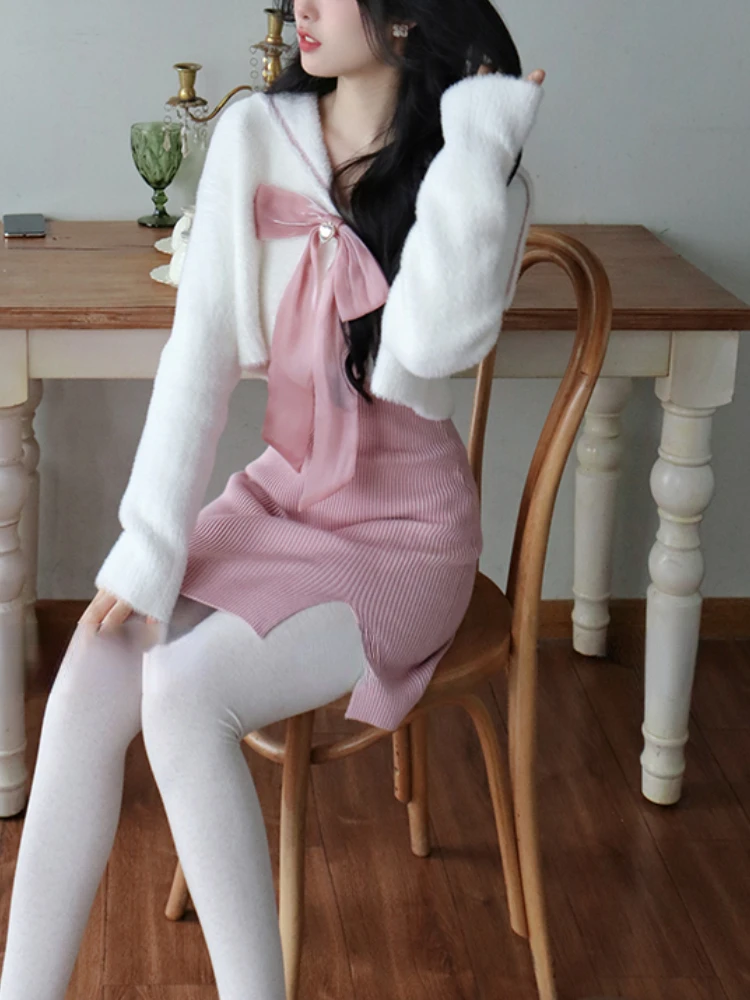 

Зимний теплый вязаный комплект из двух предметов с юбкой, женское милое меховое пальто с бантом и платье-свитер, женское повседневное милое ...