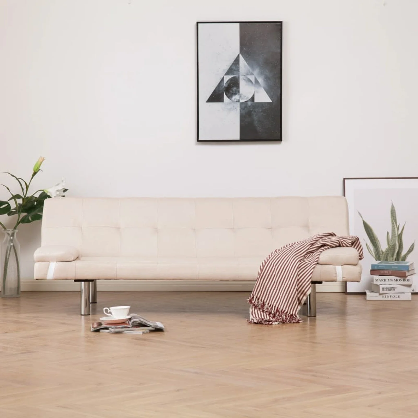 

Sofa Bed with Two Pillows Cream Fabric