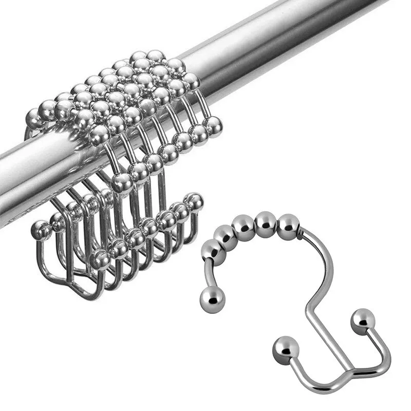 

12pcs Stainless Steel Roller Double Hooks Sliding Rust-Resistant Bath Rollerball Glide Rings Bathroom Shower Rods Curtains