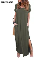 ouslee sexy summer casual long dresses for women short sleeve maxi dress women solid color evening dress ladies dresses 2022 hot