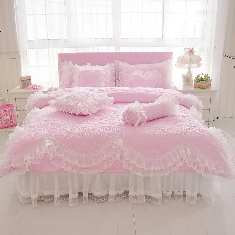 

100%Cotton Thick Quilted lace ding King queen Twin size Princess Korean Girls White Pink Bed skirt set Pillowcase